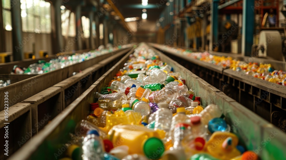 A close-up view of a recycling machine sorting various plastic waste types in an industrial facility, showcasing a linear arrangement of colorful plastic bottles and containers. A close-up view of a recycling machine sorting various plastic waste types in an industrial facility, showcasing a linear arrangement of colorful plastic bottles and containers.