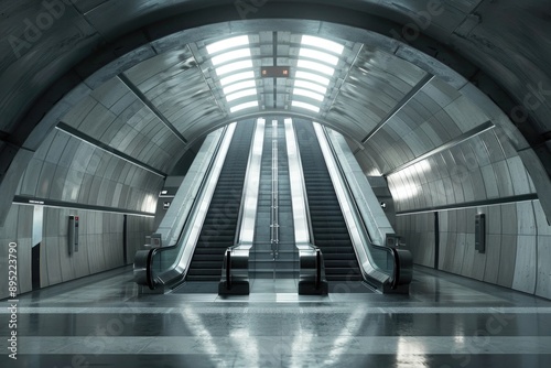 modern metro station entrance with two escalators and an arched ceiling, well-lit and clean photo