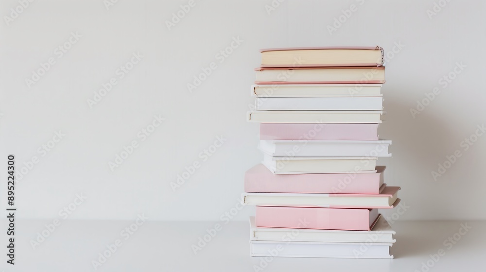 A stack of pink and white books on the table against white background, copy space. Generative AI. A stack of pink and white books on the table against white background, copy space. Generative AI.
