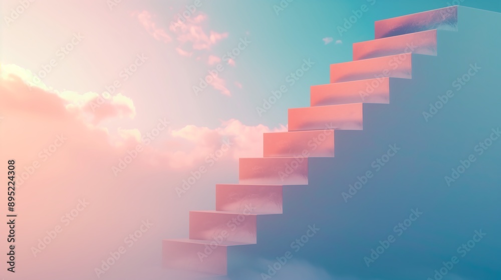 A staircase leading to clouds or light, career growth and success concept, pastel colors, minimalist style. Generative AI. A staircase leading to clouds or light, career growth and success concept, pastel colors, minimalist style. Generative AI.