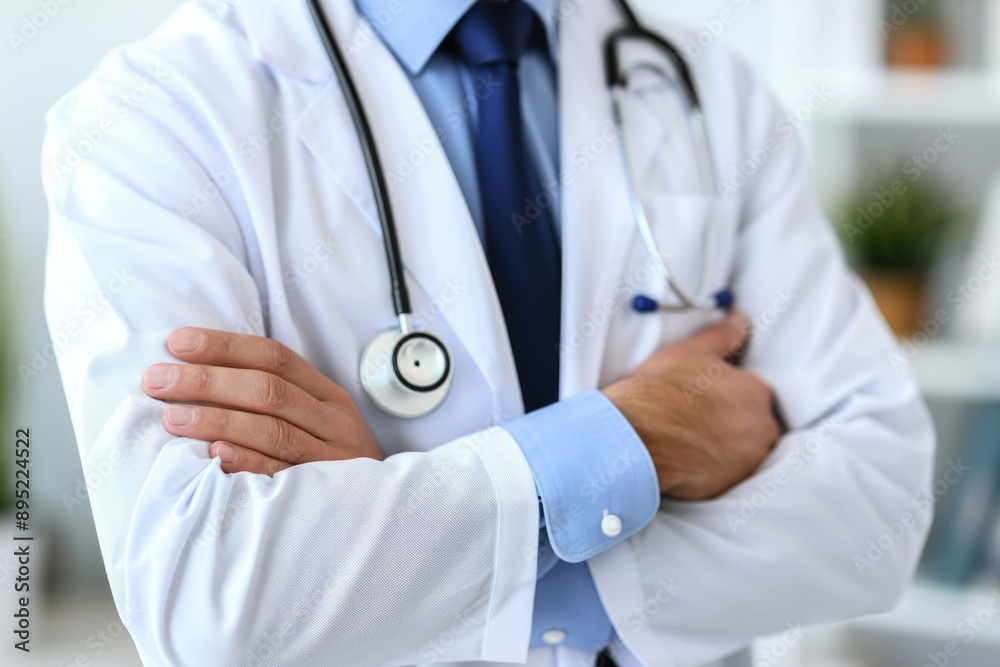 A doctor stands confidently with arms crossed, a stethoscope hanging around their neck