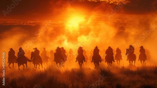 Silhouetted warriors on horseback ride through a foggy, glowing sunset, creating a dramatic and intense scene bathed in warm orange and yellow hues. photo