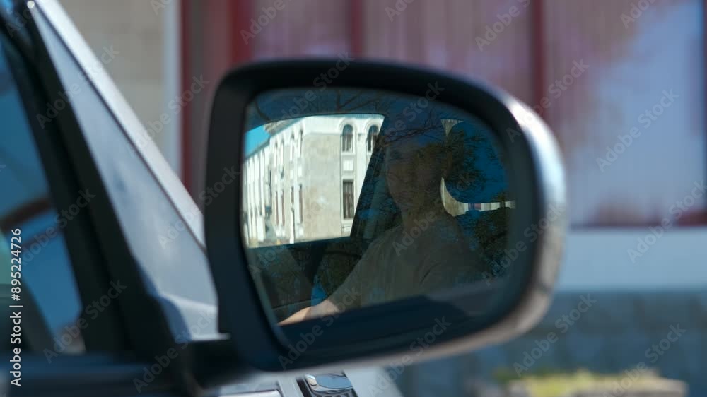 Male control auto side window. A view of man change the position of side window of his modern car at parking.