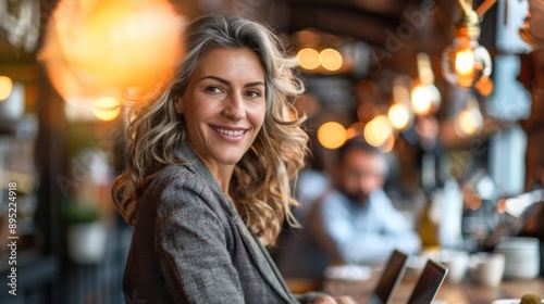 Wallpaper Mural A woman with wavy hair and a suit jacket smiles while working on a laptop in a modern, warmly lit office environment. Torontodigital.ca