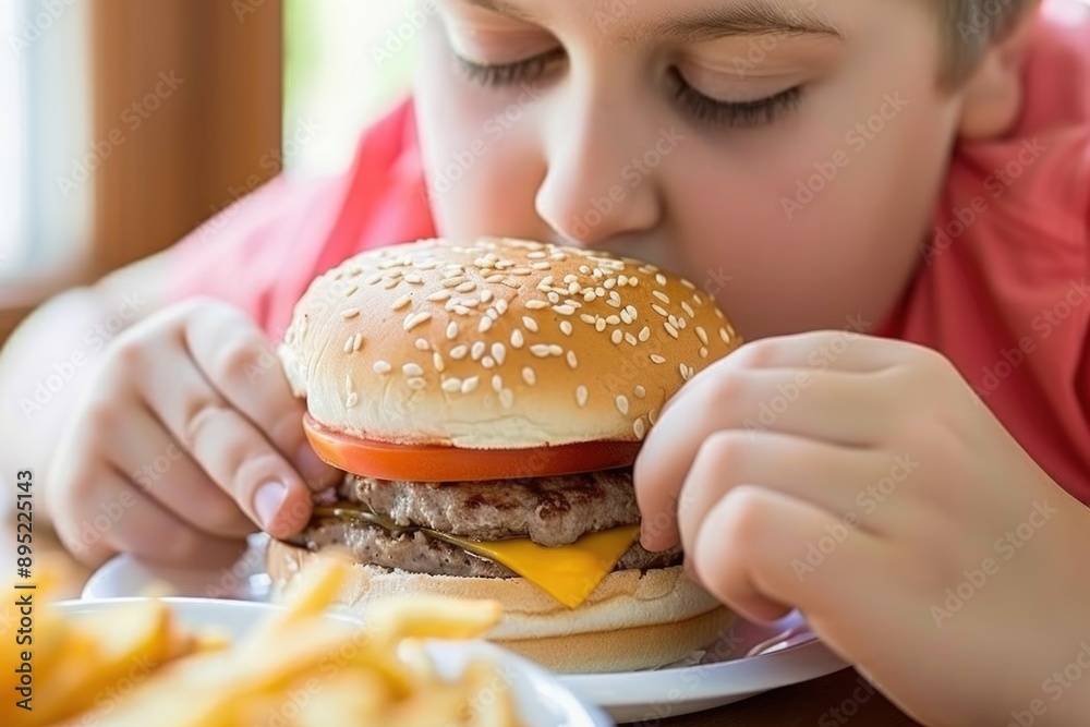 A child's face is lit up with joy as they take a bite of a juicy burger, topped with cheese, tomato, and lettuce, surrounded by golden-brown fries A child's face is lit up with joy as they take a bite of a juicy burger, topped with cheese, tomato, and lettuce, surrounded by golden-brown fries