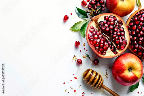 Festive Rosh Hashanah background, decorated with border of apples, pomegranates and honey on left edge. Illustration for Jewish religious holiday Rosh Hashanah with traditional food. Copy space 