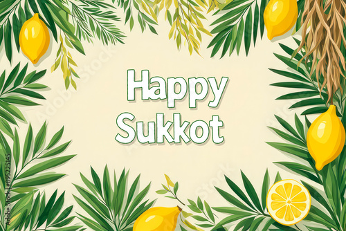 Colorful illustration for Jewish holiday Sukkot. Stylized border with traditional holiday symbolic plants and citron fruit. Inscription Happy Sukkot and copy space