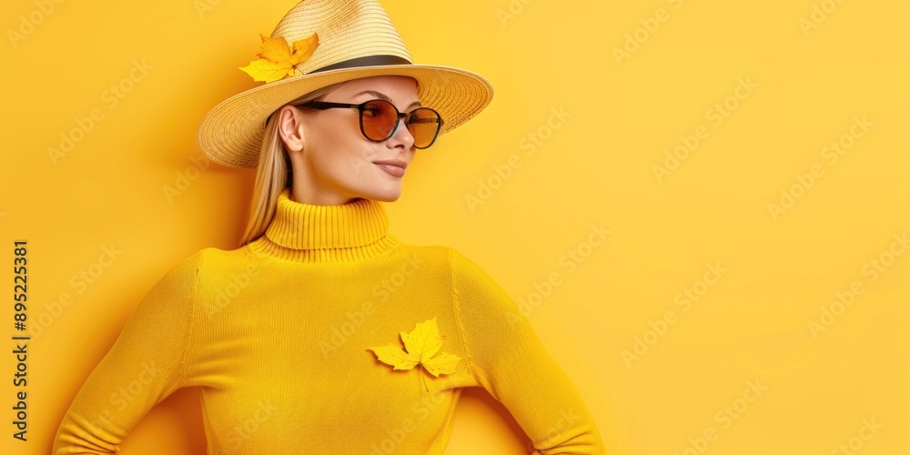 A woman wearing a yellow turtleneck sweater, a straw hat adorned with leaves, and sunglasses, stands against a vibrant yellow background A woman wearing a yellow turtleneck sweater, a straw hat adorned with leaves, and sunglasses, stands against a vibrant yellow background