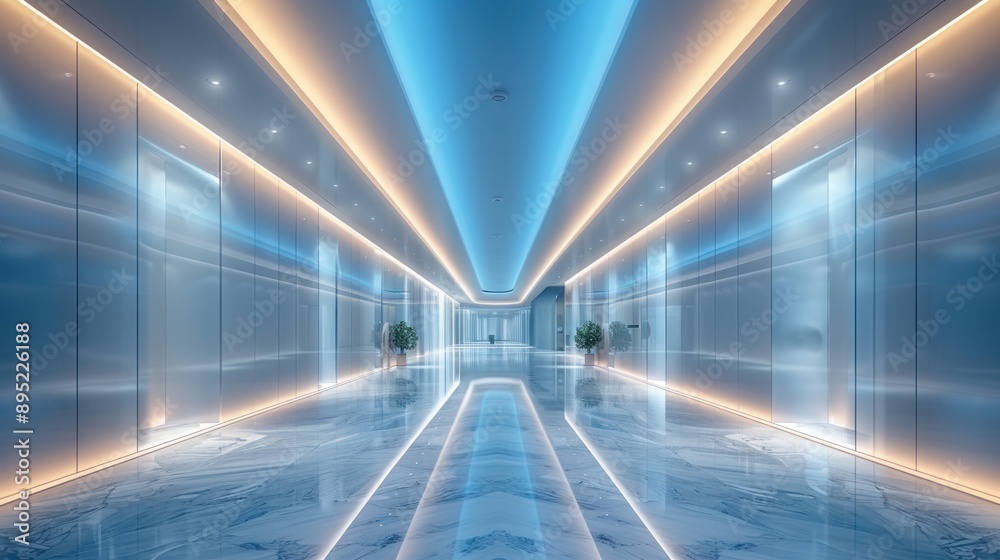 Modern Office Hallway with Blue and Yellow Lights Modern Office Hallway with Blue and Yellow Lights