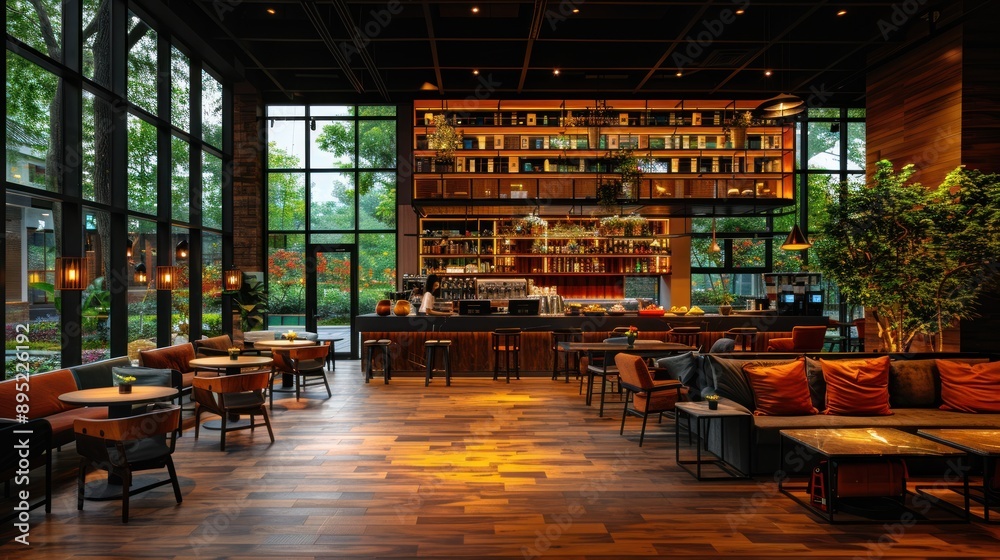 Modern Bar Lounge with Warm Lighting and Lush Greenery Modern Bar Lounge with Warm Lighting and Lush Greenery