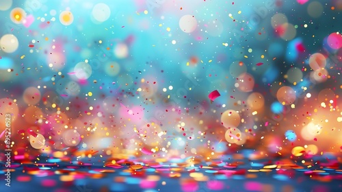 Abstract background with colorful confetti and glitter falling on blue blurred backdrop, festive celebration concept. Generative AI.