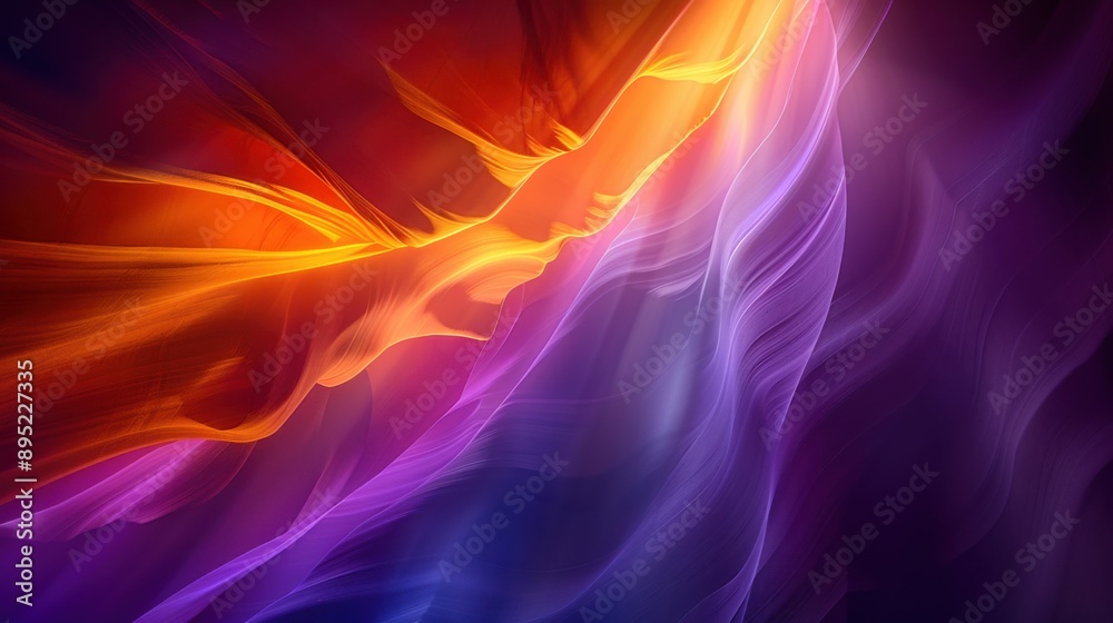 Fototapeta premium A stunning image of Antelope Canyon showcasing smooth, vibrant lines in purple and orange hues, with a ray of light illuminating the scene.