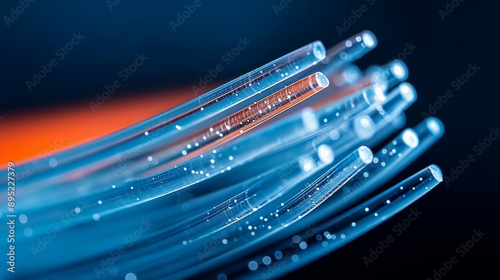 Dynamic Close-Up of Fiber Optic Cables with Vibrant Lights and Futuristic Blue Background for Technology and Connectivity Themes Dynamic Close-Up of Fiber Optic Cables with Vibrant Lights and Futuristic Blue Background for Technology and Connectivity Themes