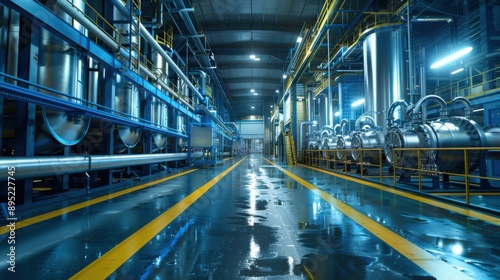 A modern pharmaceutical clean room with industrial design features a spacious layout, stainless steel machinery, and glossy floors reflecting overhead lighting.