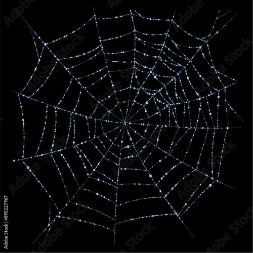 Light blue spider web with dew droplets isolated on black. Vector illustration in 3d style