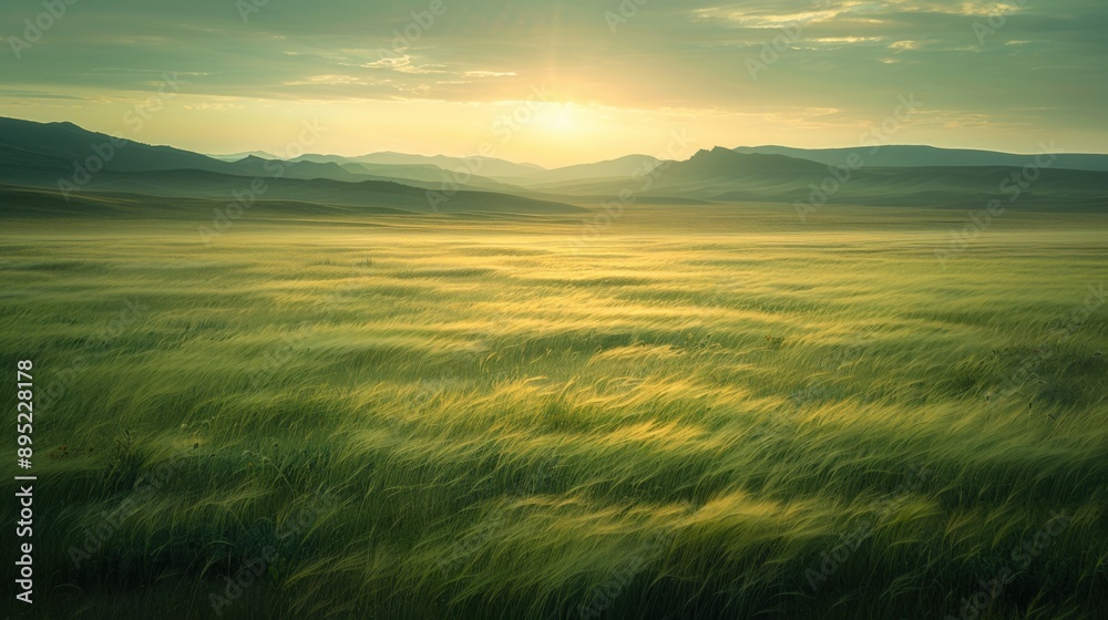 Fototapeta premium A serene field of wheat basks in the early morning light, with gentle waves of golden green under a partly cloudy sky. Hills and mountains create a tranquil backdrop.