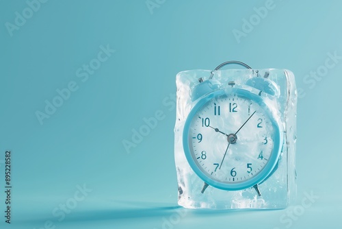 Alarm clock inside the frozen ice block on light pastel solid blue studio background. Copy space. Minimalistic studio shot. Frozen time concept. Generative AI.