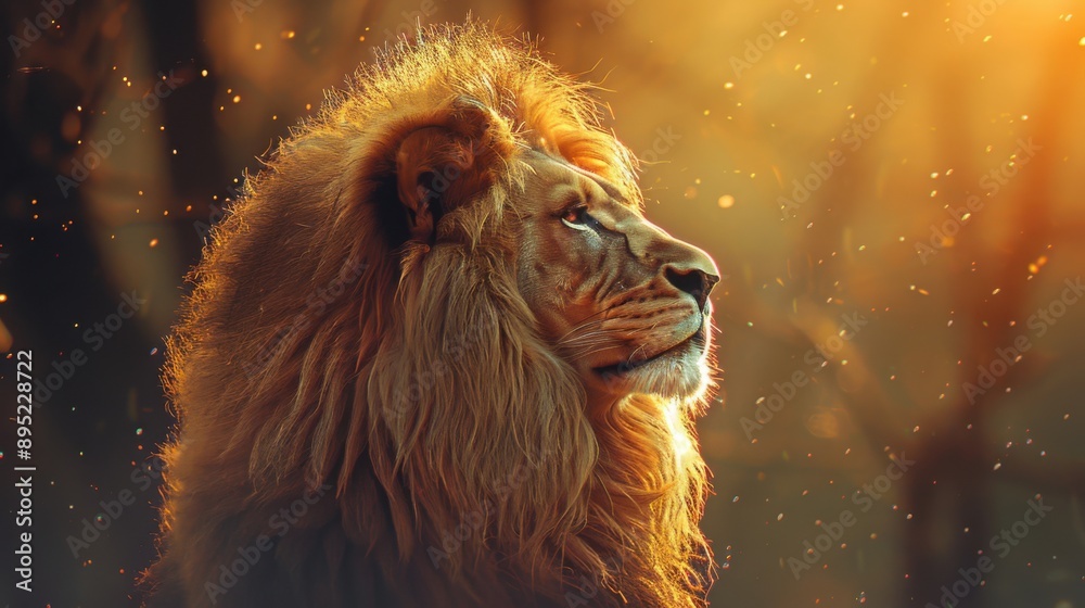 Naklejka premium A majestic lion gazes into the distance, bathed in warm, golden light. The image exudes strength and power, symbolizing the 'Lion of Judah' in Christian iconography.