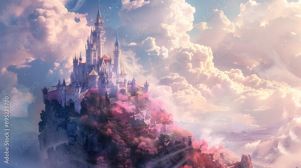 Fototapeta premium Dreamy fantasy castle perched on a mountain surrounded by clouds and pink blossoms