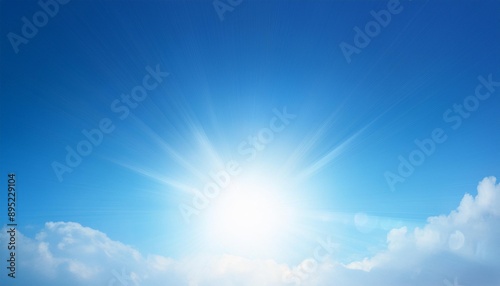 Sun light flare on blue sky background. Vector sunny summer background with sunbeams