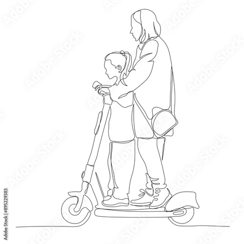 Mother and daughter riding electric scooter. Side view. Continuous line drawing. Black and white vector illustration in line art style. photo