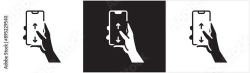 Screen scroll up and down icon, flat icon of finger touching phone screen and phone scrolling, finger gesture scrolling smart phone screen, tapping screen icon vector in black, white and transparent.