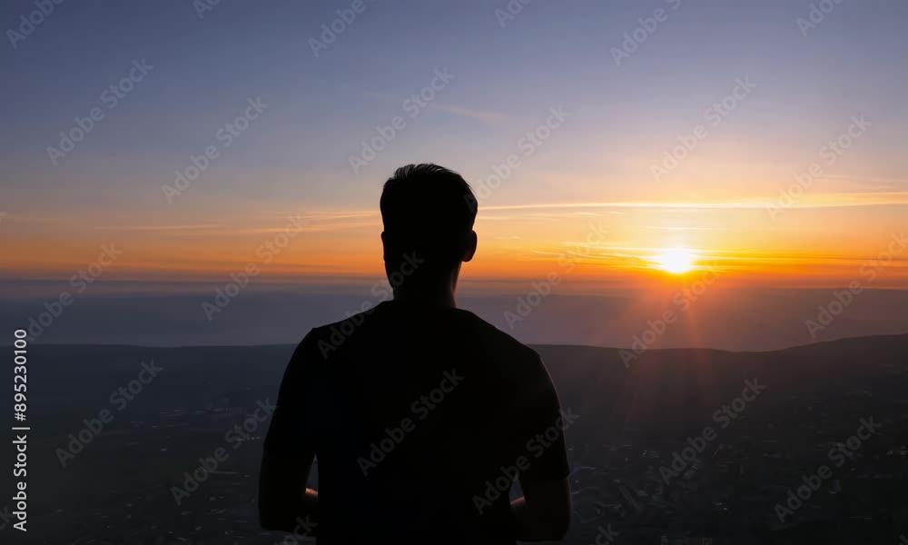 A man is standing on a hill and looking out at the sunset. The sky is a beautiful mix of orange and pink hues, creating a serene and peaceful atmosphere. The man's gaze is focused on the horizon A man is standing on a hill and looking out at the sunset. The sky is a beautiful mix of orange and pink hues, creating a serene and peaceful atmosphere. The man's gaze is focused on the horizon