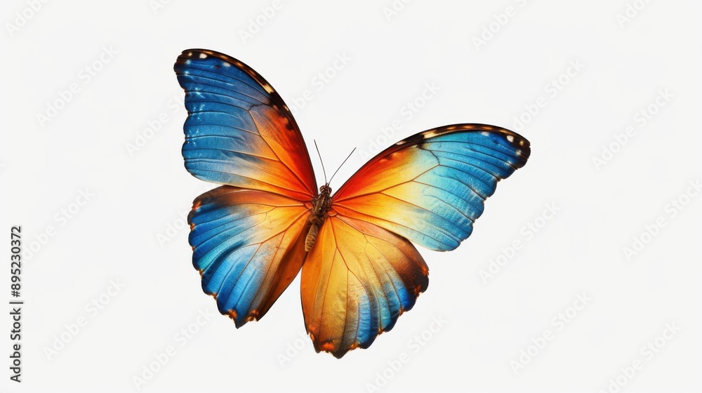 Fototapeta premium A stunning butterfly with vibrant blue and orange wings is shown in flight against a white background, highlighting its striking colors and delicate patterns.