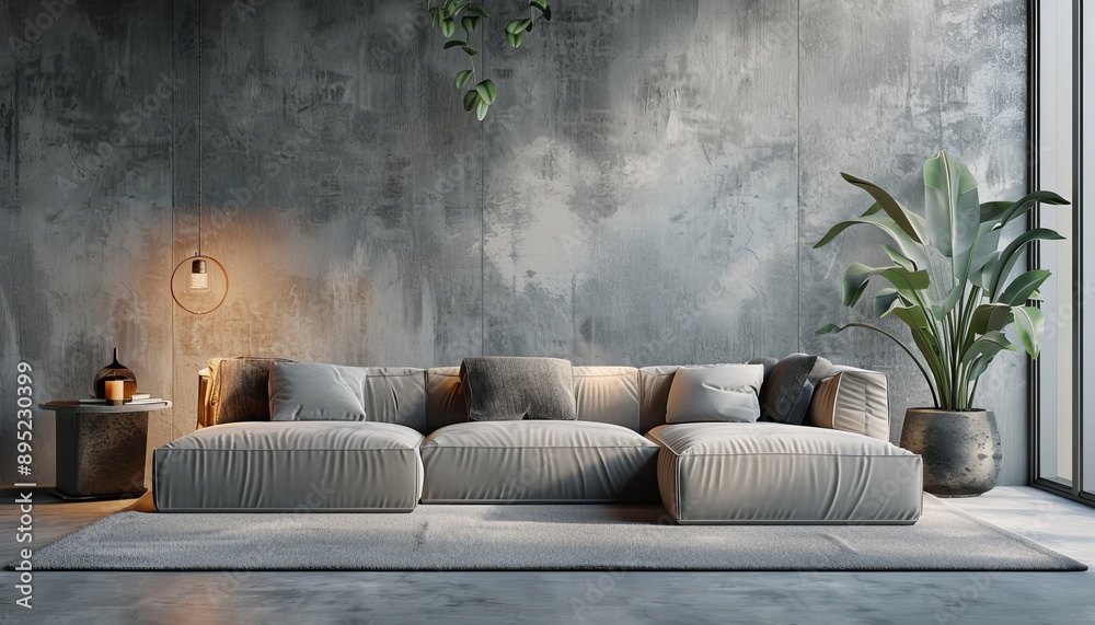 Fototapeta premium Contemporary urban living room sleek concrete textures and soft lighting photography