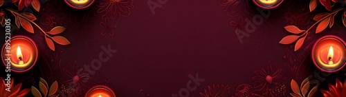 Top-down view of oil lamps and flowers on a red background for Diwali celebration photo