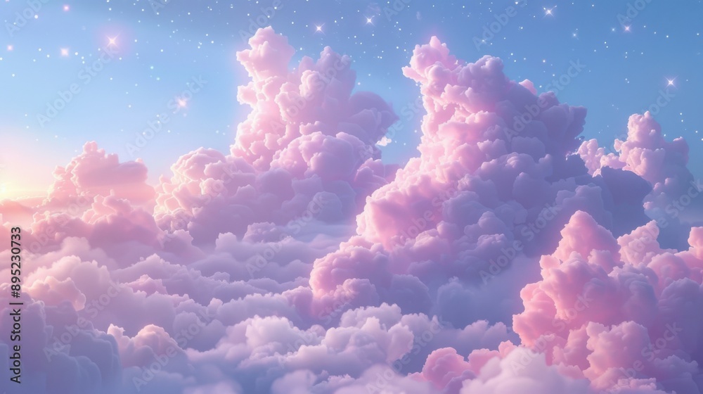A dreamy sky filled with pink and purple clouds under a starry night ...