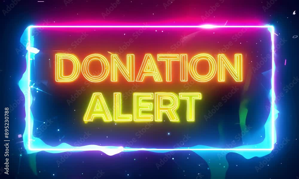 Neon sign with text Donation Alert. Vector illustration. Neon signboard with glowing effect.