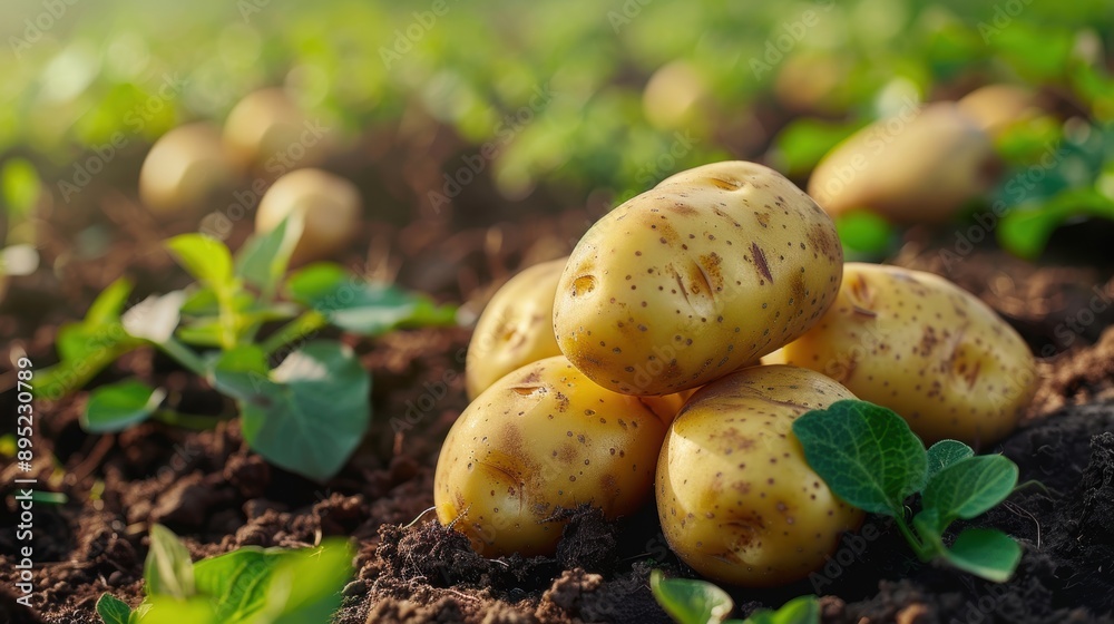 A close-up view of freshly harvested potatoes resting on rich soil with young potato plants sprouting around them in a sunlit garden during the early morning