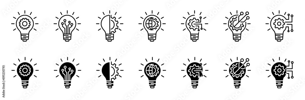 Vector set of innovation icons. Light bulb and cog inside. Inspiration linear icon. Light bulb and brain inside. Innovation icon set eps10 Vector set of innovation icons. Light bulb and cog inside. Inspiration linear icon. Light bulb and brain inside. Innovation icon set eps10