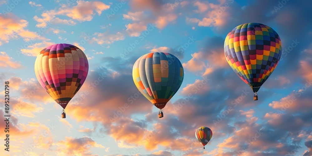 Fototapeta premium Colorful Hot Air Balloons Floating in the Sky at Sunset