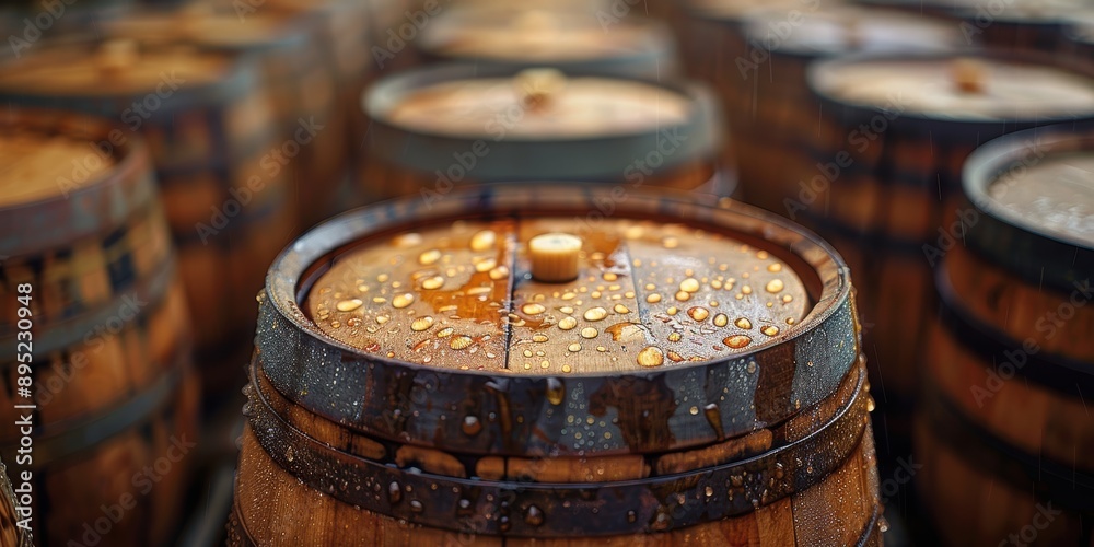 Detailed close-up of wooden barrels in a distillery yard during rain, showcasing water droplets on the surface, with a blurred background adding depth to the rustic scene Detailed close-up of wooden barrels in a distillery yard during rain, showcasing water droplets on the surface, with a blurred background adding depth to the rustic scene