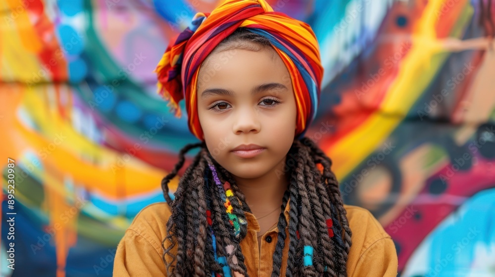 A young African girl with a colorful headscarf and braided hair stands in front of a vibrant graffiti wall. She has a calm and composed expression. A young African girl with a colorful headscarf and braided hair stands in front of a vibrant graffiti wall. She has a calm and composed expression.