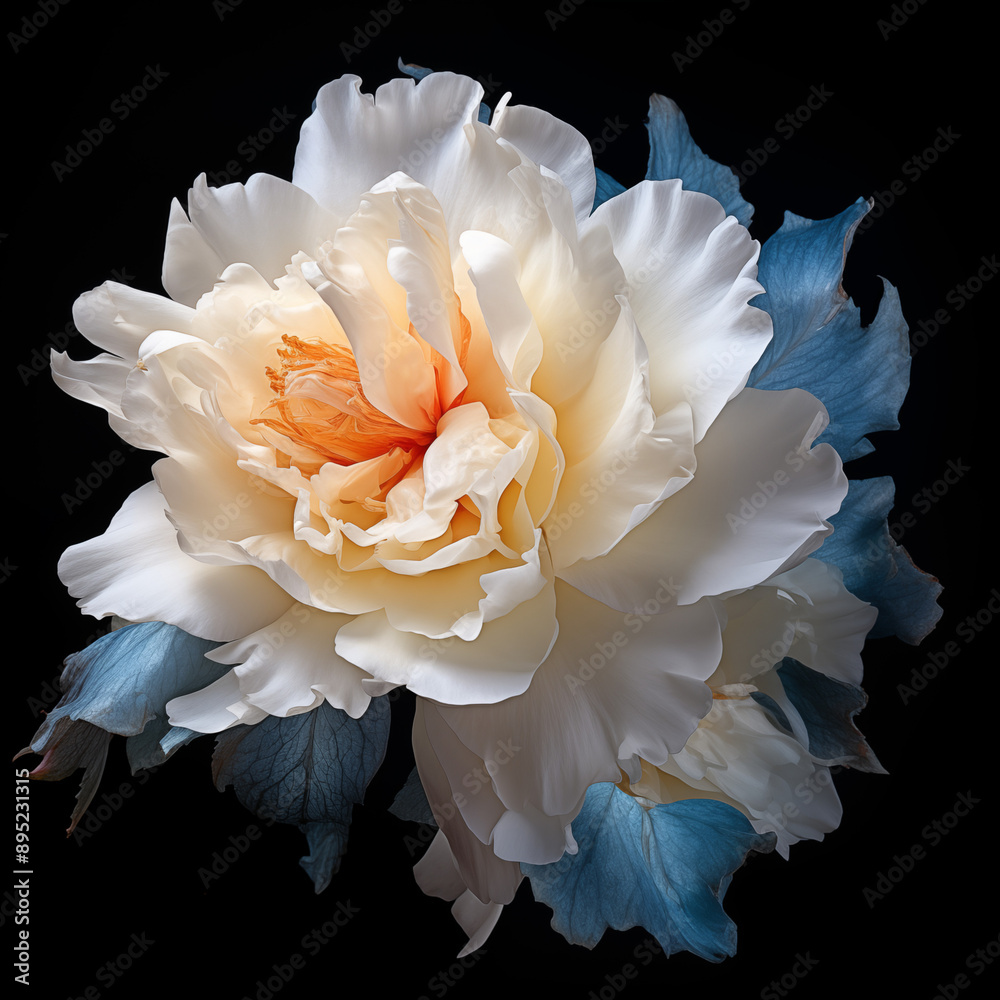 Photorealistic exotic white flower in the form of a combination of gardenia, chicory and peony on a black background Photorealistic exotic white flower in the form of a combination of gardenia, chicory and peony on a black background
