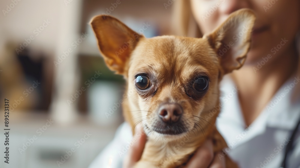 Close-up of a small dog sitting on a veterinarian's lap. Generative AI. Close-up of a small dog sitting on a veterinarian's lap. Generative AI.