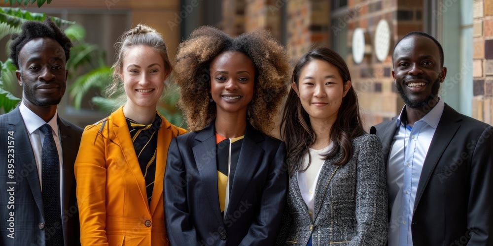 A group of five professionally dressed colleagues, showcasing diversity and teamwork, standing together in a modern office environment with smiles on their faces A group of five professionally dressed colleagues, showcasing diversity and teamwork, standing together in a modern office environment with smiles on their faces