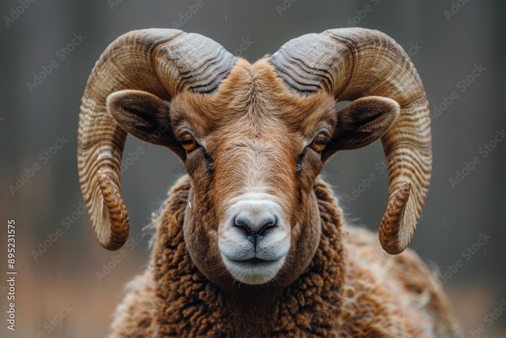 A captivating close-up photograph of a majestic ram with large curled horns, showcasing its intricate horn details and expressive facial features in a natural outdoor setting A captivating close-up photograph of a majestic ram with large curled horns, showcasing its intricate horn details and expressive facial features in a natural outdoor setting