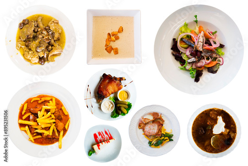 Top view of many plates with different food over white background photo