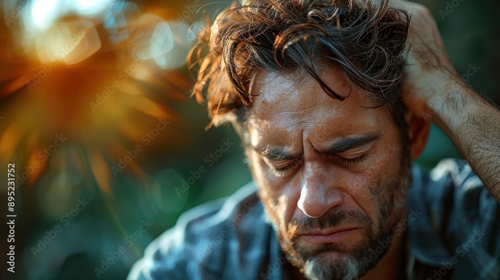A close-up of a contemplative man with his eyes closed, holding his head and experiencing deep emotions, set against a blurred natural background with warm sunlight A close-up of a contemplative man with his eyes closed, holding his head and experiencing deep emotions, set against a blurred natural background with warm sunlight