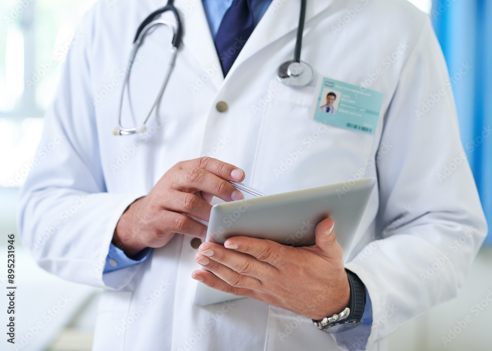 Doctor, hands and tablet for healthcare records on clinic website, update and man for medicine help. Male person, physician and medical support for treatment or diagnosis, surgery schedule and news Doctor, hands and tablet for healthcare records on clinic website, update and man for medicine help. Male person, physician and medical support for treatment or diagnosis, surgery schedule and news