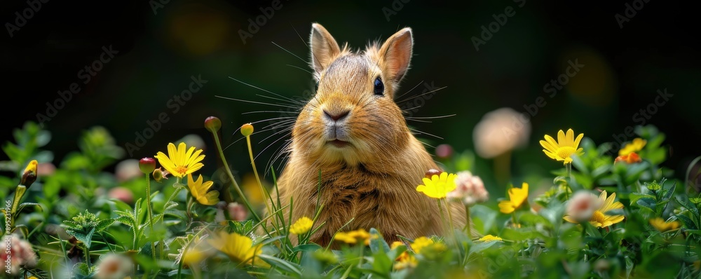 Fototapeta premium A cute rabbit sitting amidst a beautiful meadow full of colorful wildflowers under the bright sun, creating a picturesque and serene natural scene