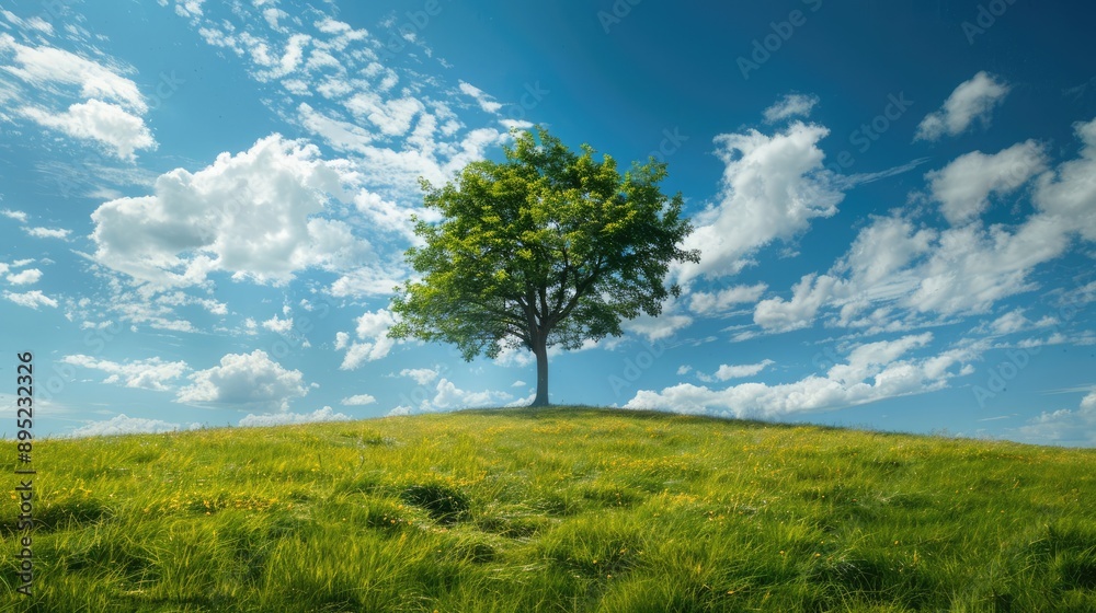 Fototapeta premium A stunning tree alone in a grassy field beneath a sunny blue sky with clouds