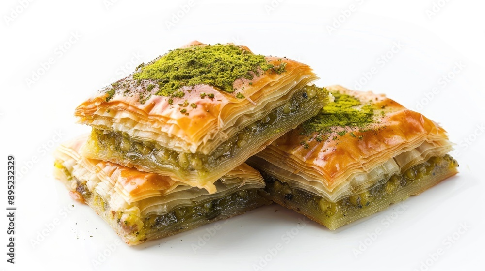 Selective focus image of Baklava on white background Selective focus image of Baklava on white background