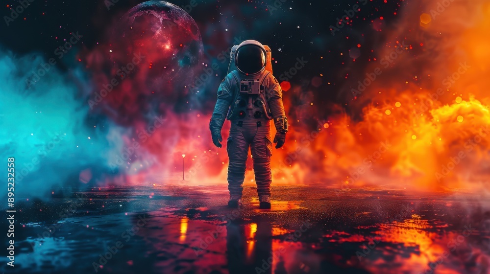 Naklejka premium An astronaut stands on a vivid and colorful surface, with a dramatic space background featuring bright nebulae and stars.