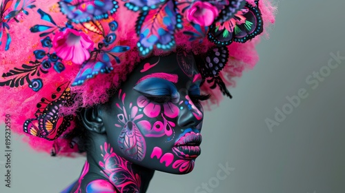 Colorful body paint in pink and black adorn the model's body. Her face is adorned with intricate artwork, while her colorful hair creates a striking afro look.