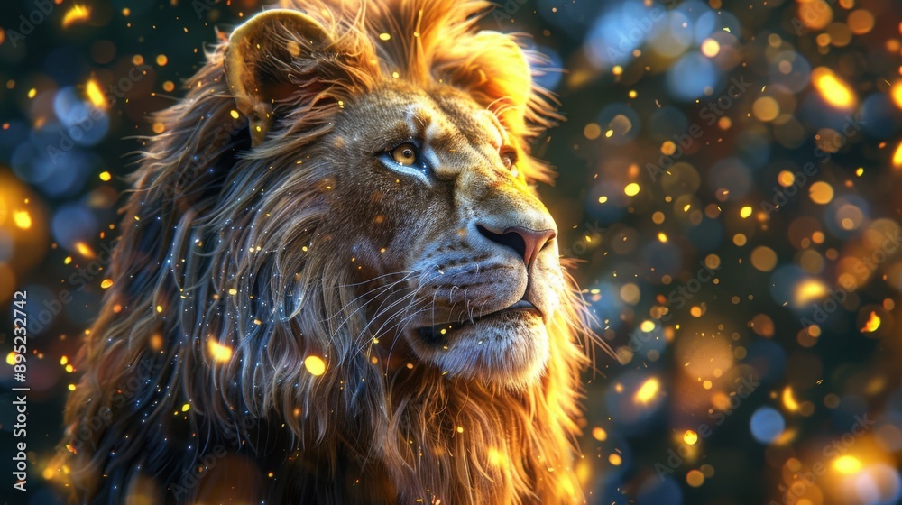 Naklejka premium The image depicts a majestic lion gazing into the distance in a cinematic 8k resolution with natural lighting, set against a backdrop of glowing bokeh lights.